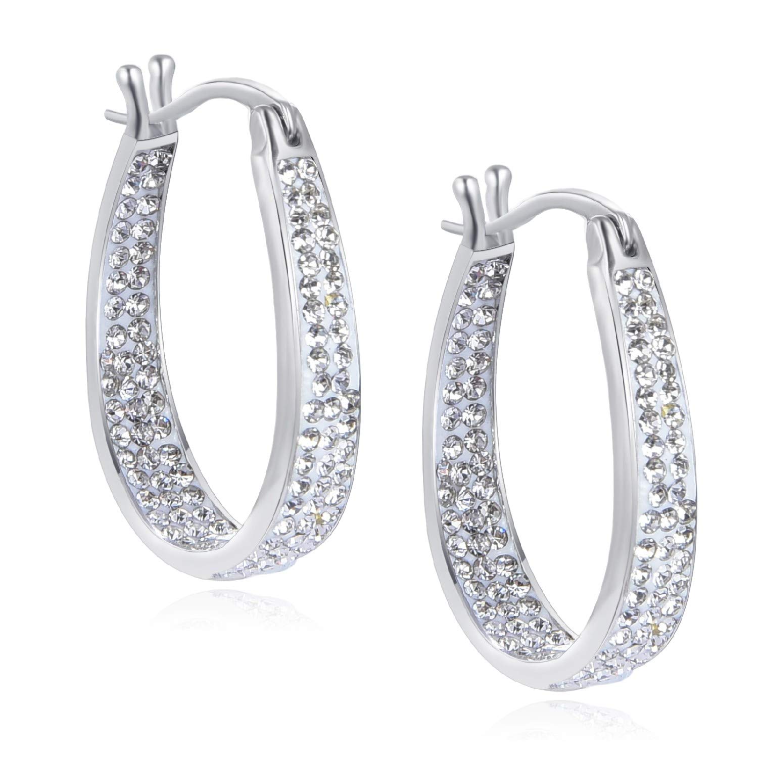Crystal Hoop Earrings - Silver Plated Inside Out Oval Shape Hoop Earrings for Women, 1.2 Inch