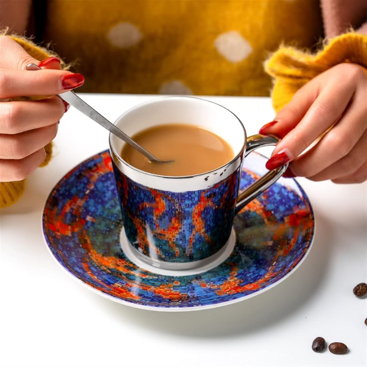 Tazas De Cafe Juego De Tazas Y Platillos Té, Café Con Reflejo Espejo, Agua Vidrio, Utensilios Creativos(Peacock Blue)
