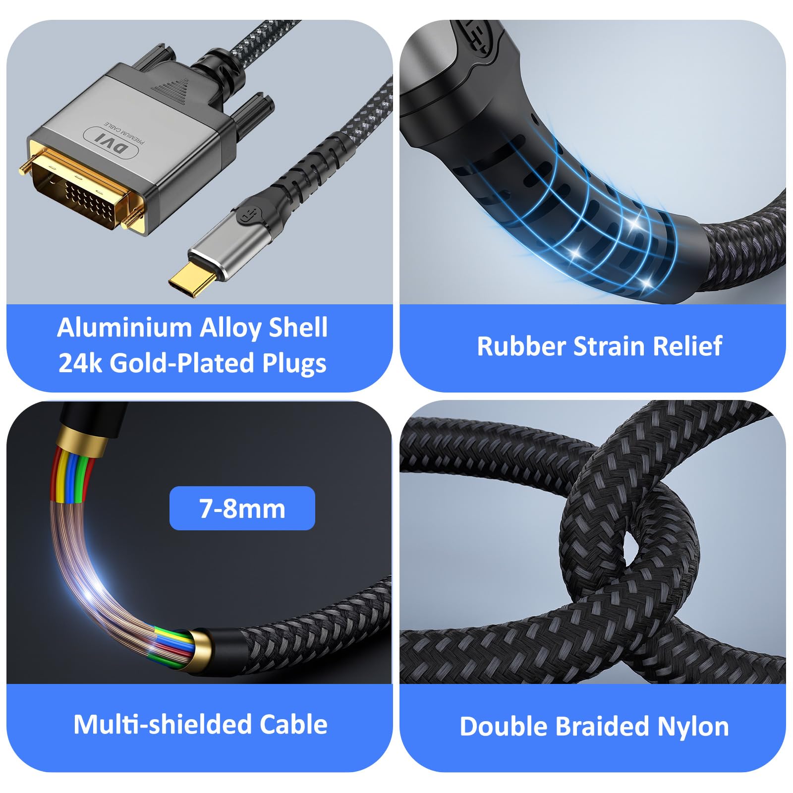 Cavo intrecciato in nylon da USB C a DVI, 4K30Hz, USB 3.1 tipo C a DVI, adatto per telefoni cellulari, laptop, tablet, proiettori, display (1,8 m)