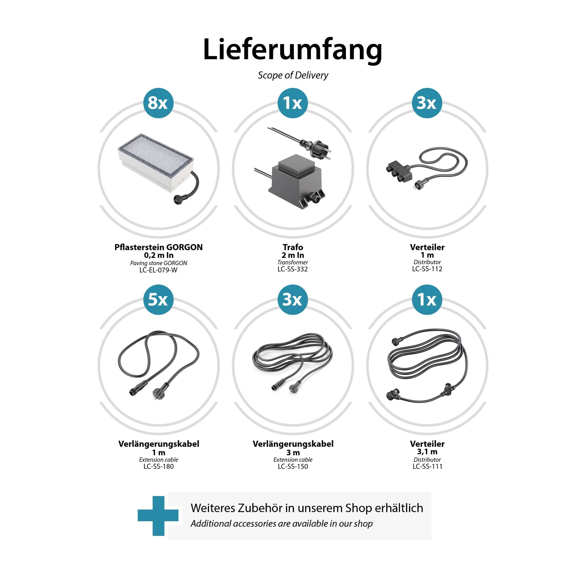 ledscom.de LED Pflaster-Stein Gorgon Boden-Einbauleuchte für außen, 20x10cm, 12V, kalt-weiß 8er Set