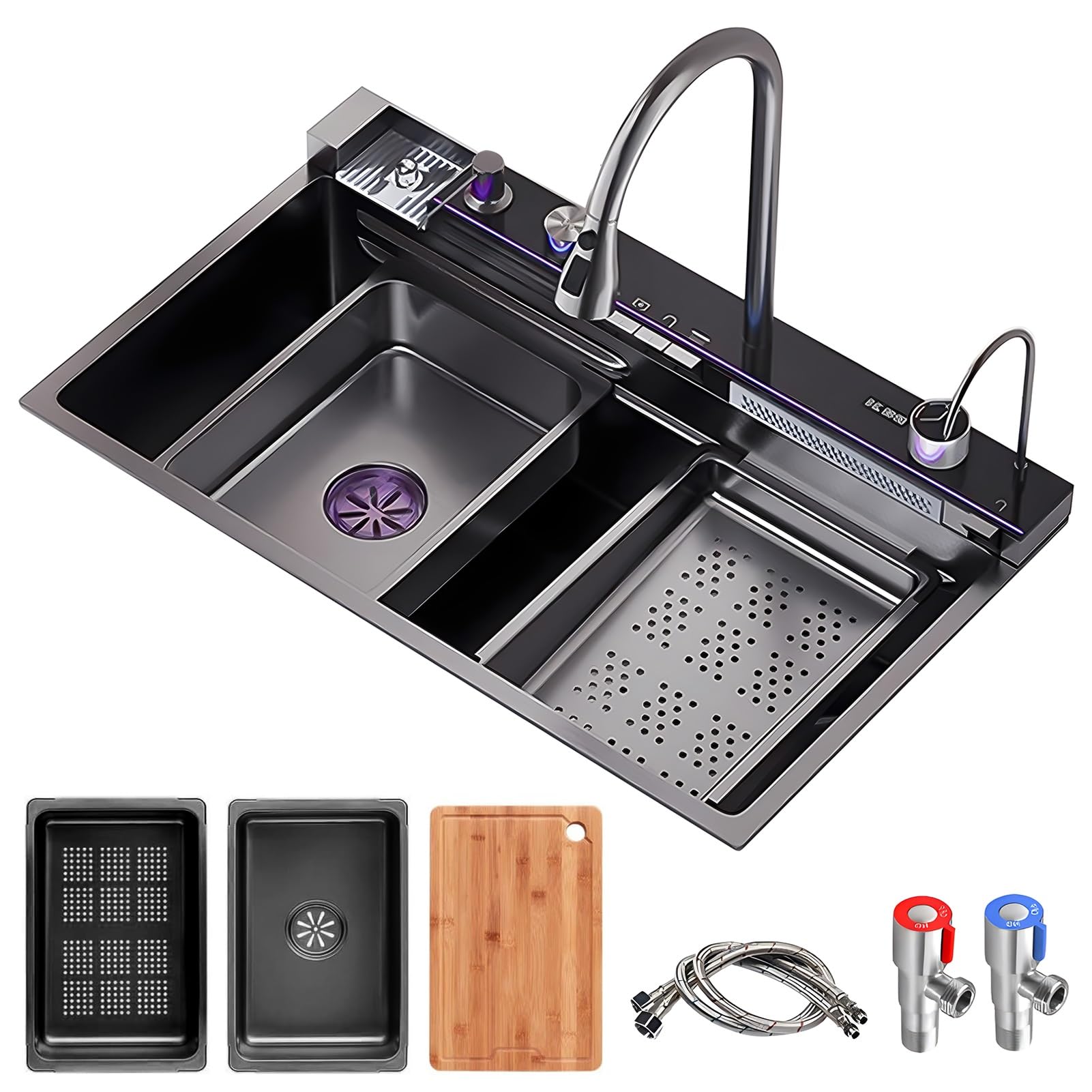 ZQFHSX Upgraded Waterfall Kitchen Sink, Nano Stainless Steel Workstation Smart Bar Sink With Pull-Out Faucet, Cup Washer, Drain Kits, Large Single Bowl Farmhouse Sink(Black,75x46x22cm)