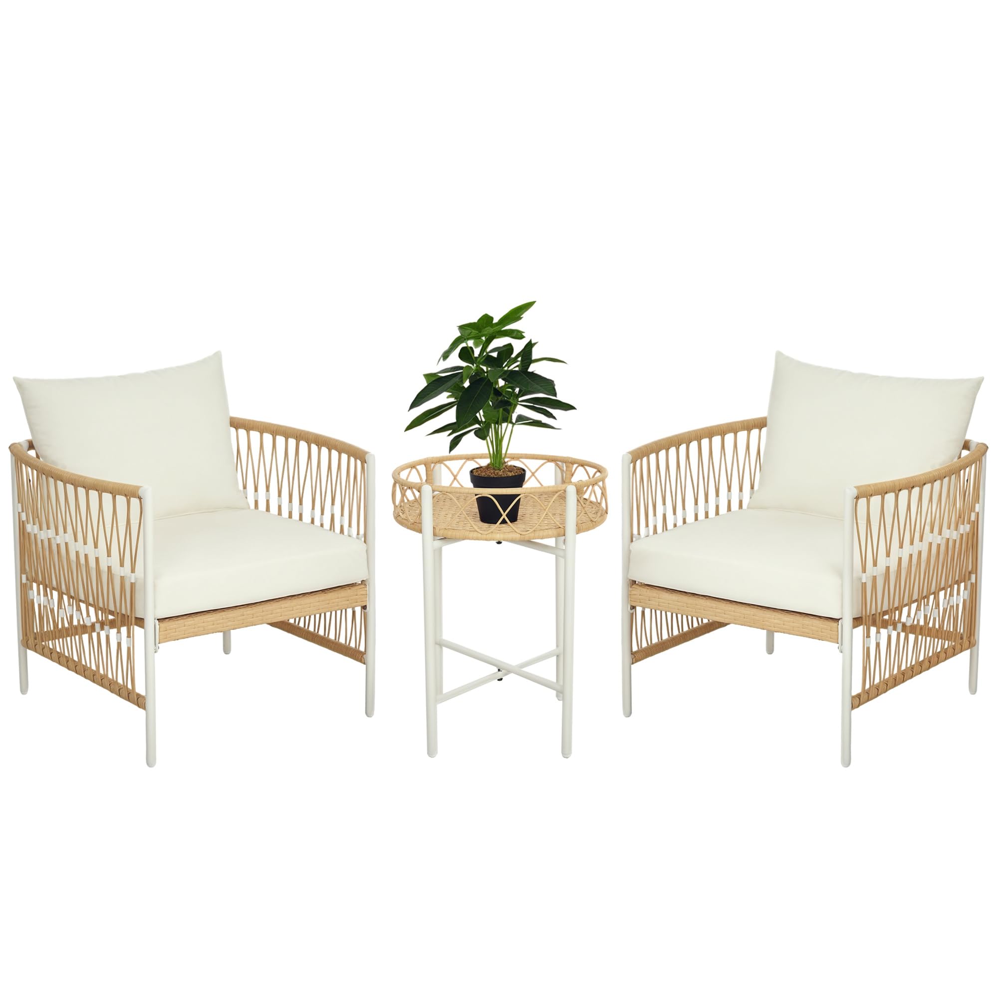 Outsunny Set de 3 Meubles de Jardin en Rotin avec 2 Chaises et Table Basse, Coussins Inclus, Jaune Crème