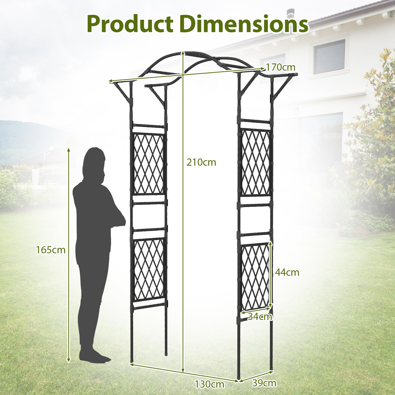 GOPLUS Arche de Jardin 210 CM avec Treillis, Arceau Porte de Jardin Rosiers Exterieur en Métal pour Plantes Grimpantes,Plantes Vignes, Décoration de Fête Mariage (Noir,170 x 39 x 210 cm)