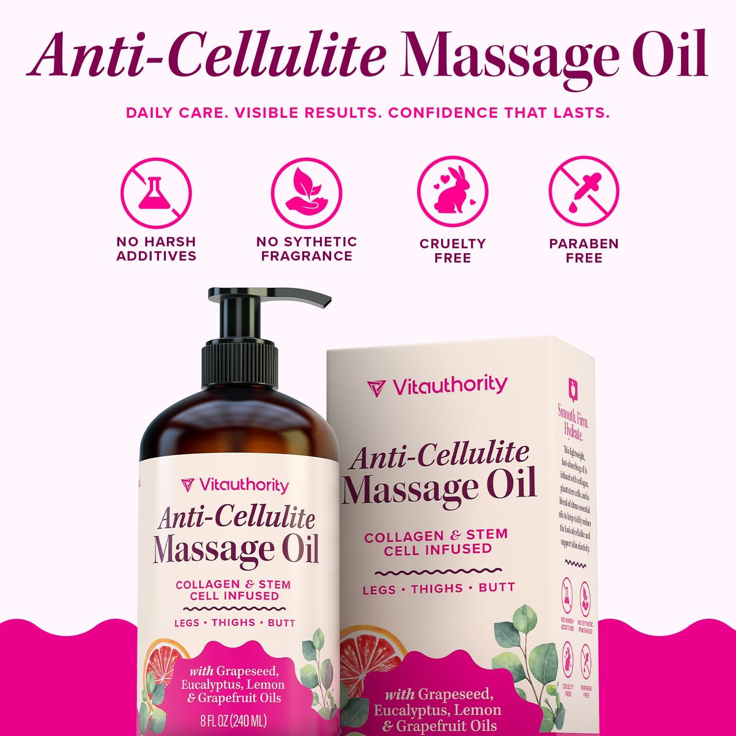 Anti-Cellulite Massage Oil with Collagen Stem Cells Fast-Absorbing Hydrating Body Oil for Thighs, Hips & Curves, Firming and Smoothing Formula with Grapefruit Lemon & Eucalyptus Essential Oils 8 Fl Oz