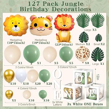 Jungle Safari Decoration 1st Birthday Boy Wild One Birthday Decoration with Sage Green Balloons Garland Balloon Box Safari Children's Birthday Decoration Baby Shower Christening Tropical Birthday Party Decoration