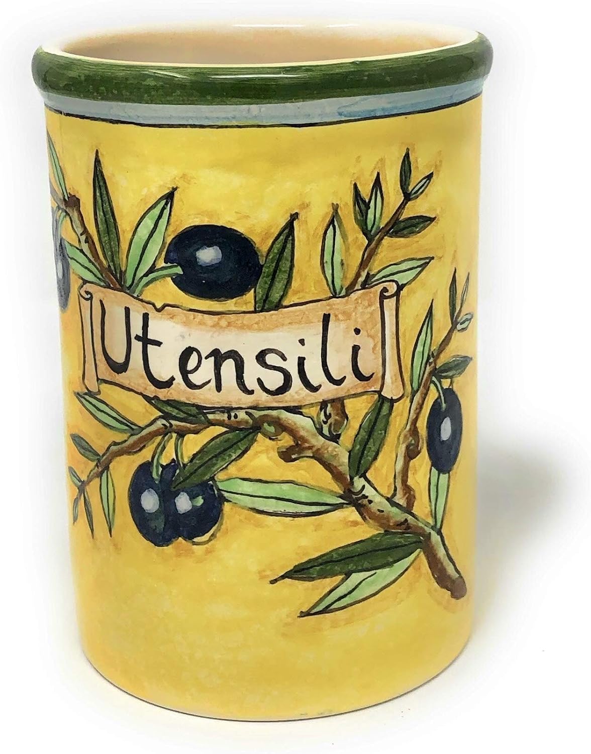 CERAMICHE D'ARTE PARRINI- Italian Ceramic Utensil Holder Vessel Hand Painted Decorated Olives Made in Italy Art Pottery