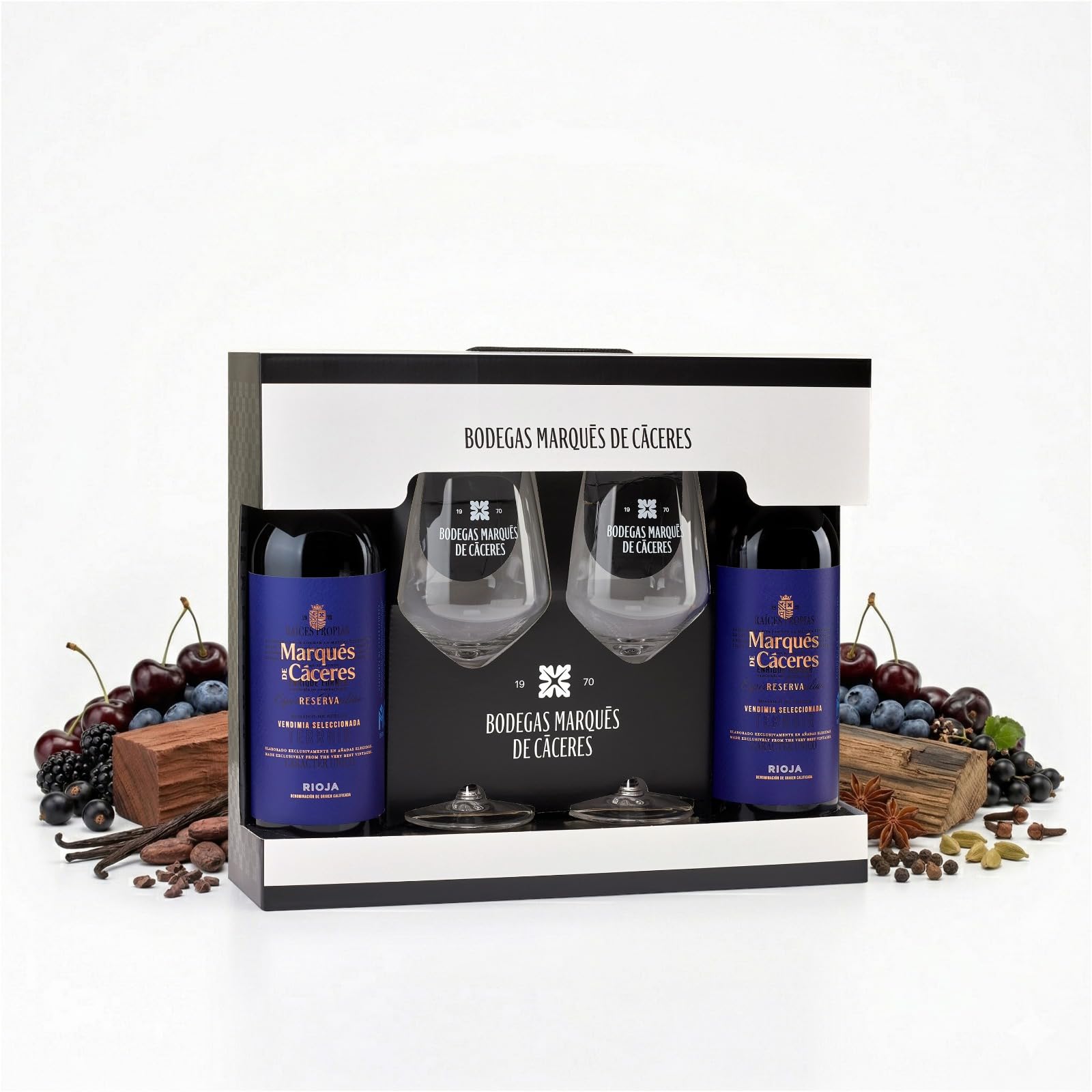 Marqués de Cáceres Reserva Rioja DOCa Tempranillo 2019 trocken Spanien Weingeschenk Geschenkset (2 x 0,75L + 2 Weingläser)