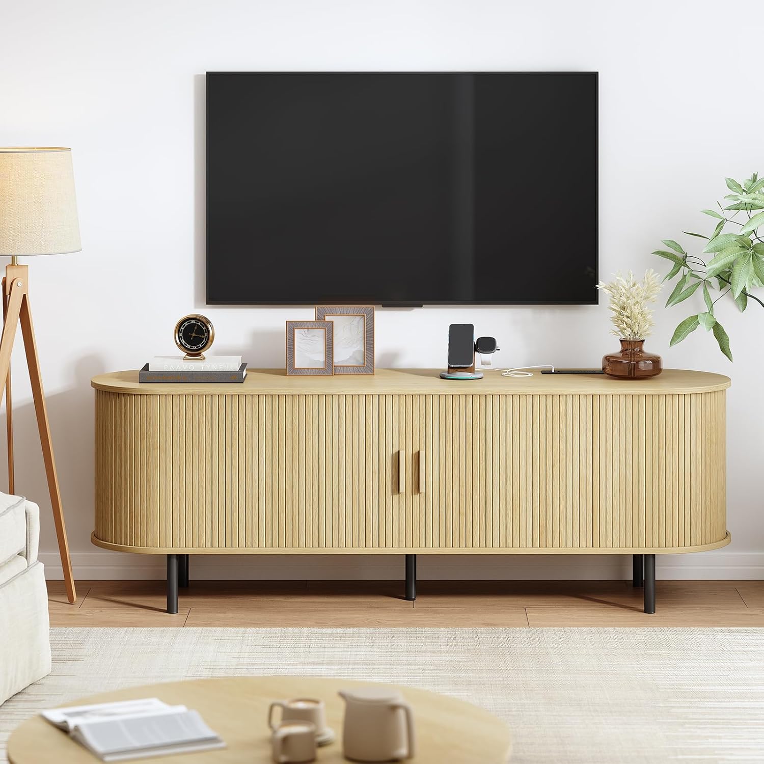 63" TV Stand with Power Outlet, Modern Media Console with Sliding Doors, Entertainment Center for TVs up to 60 Inch, Adjustable Shelves, Oak