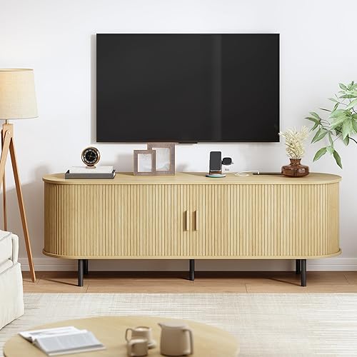 Miniatura 7 de Soporte de TV de 63 pulgadas con toma de corriente, consola multimedia moderna con puertas correderas, centro de entretenimiento para televisores de