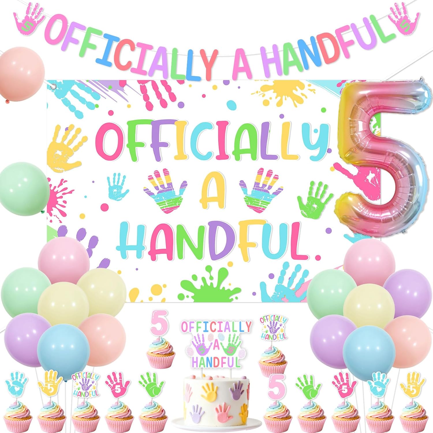 Hi Five Birthday Party Decoration Girl, Officially a Handful 5th Birthday Decoration Handprint Pastel Backdrop Banner Cake Cupcake Topper Foil Latex Balloon for High Five 5th Supplies