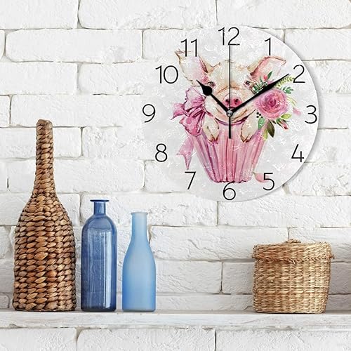 Miniatura 3 de Reloj de pared redondo silencioso de acrílico con diseño de animales de cerdo lindo de acuarela, funciona con pilas, creativo y decorativo para