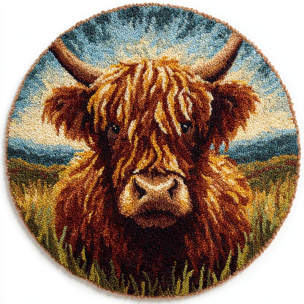 WallustrioaW Round Latch Hook Kits for Adults Highland Cattle DIY Latch Hook Rug Making Kits for Beginners 50X50Cm