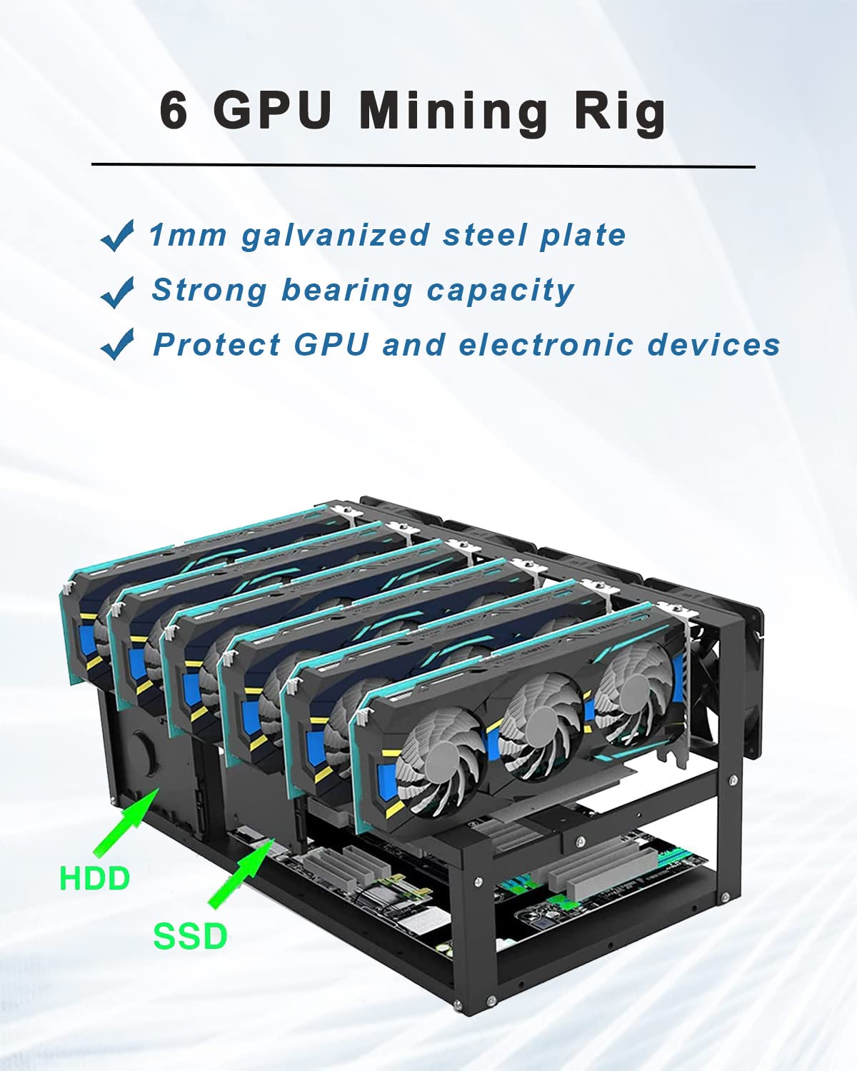 Mining Rig Frame 6 GPU, Stahl Offen Mining Frame mit Antistatikstreifen, Open Air Miner Mining Case für ATX/Btx/Flex/Itx/Microatx, 4 X 12cm Ventilator (Nur Rahmen)