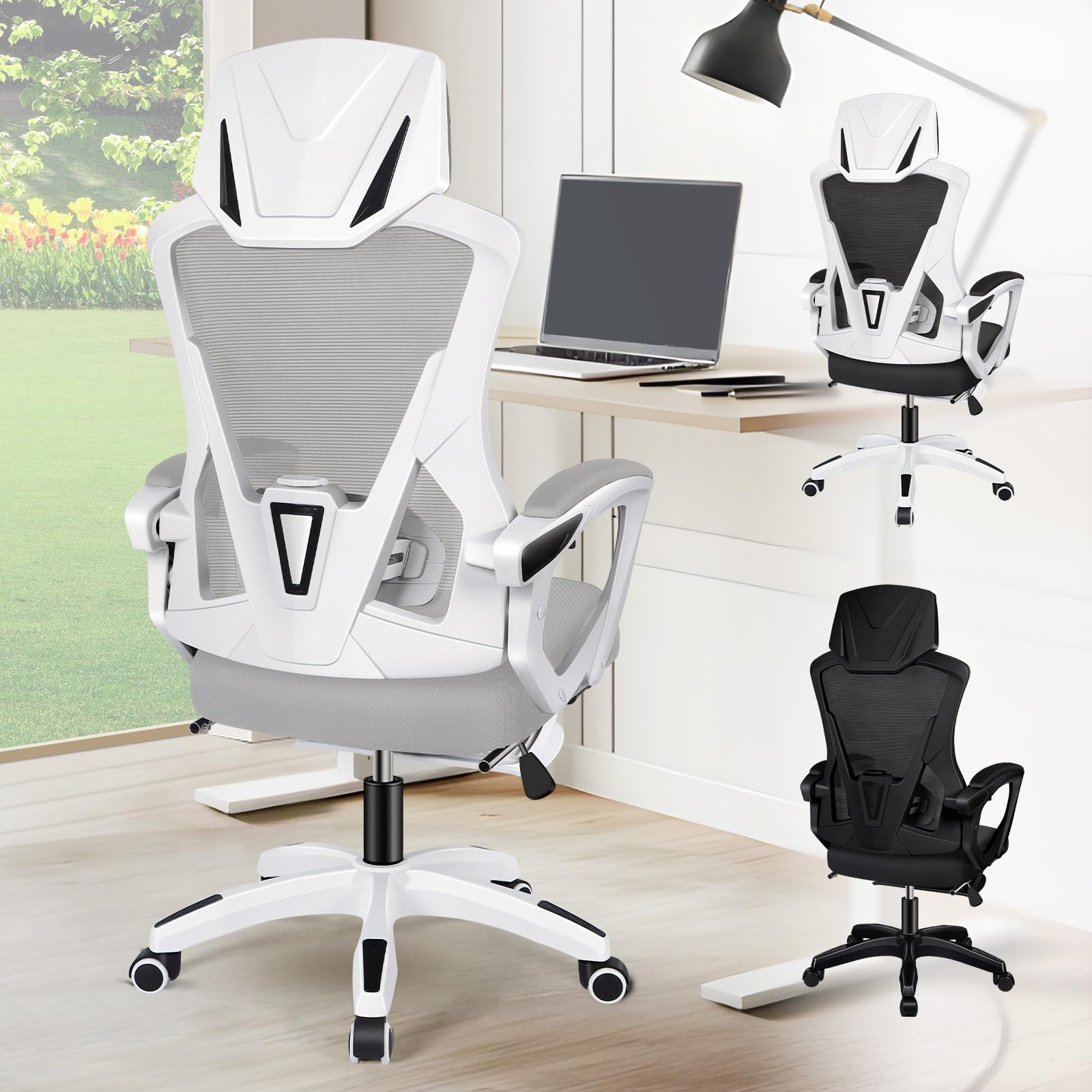 ALFORDSON Silla Escritorio Ergonómica Ajustable con Reposapiés, Reclinable 150°, Sillas Oficina Ejecutiva Malla Transpirable para Estudio,Dormitorio,Recepción,Reuniones,Casa(Blanca y Gris)