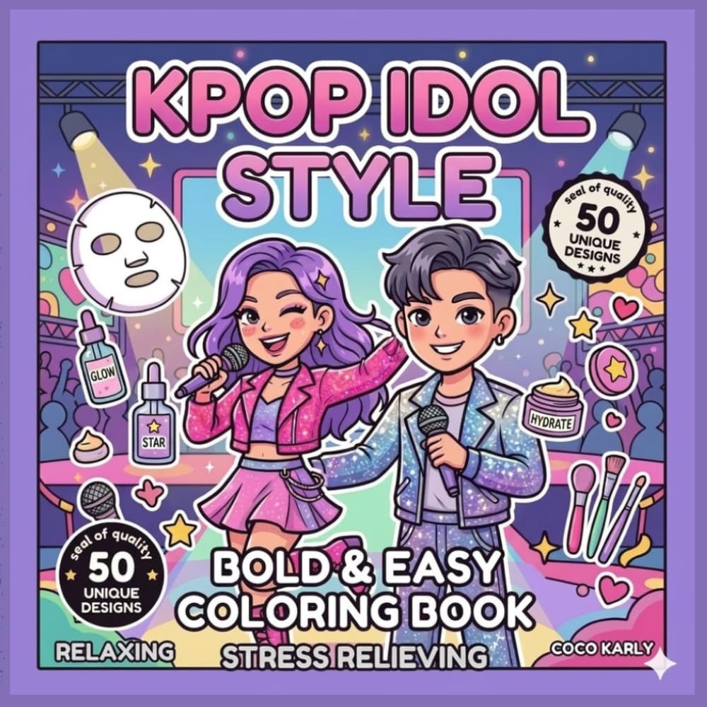 Kpop Idol Coloring Book Fashion Style Bold and Easy Relieving: Coloring Pages For Kids, Tweens, Teens And Adults Cute and Relaxing Chibi Kawaii Art ... Lovers for Stress Relieving Cozy And Kawaii