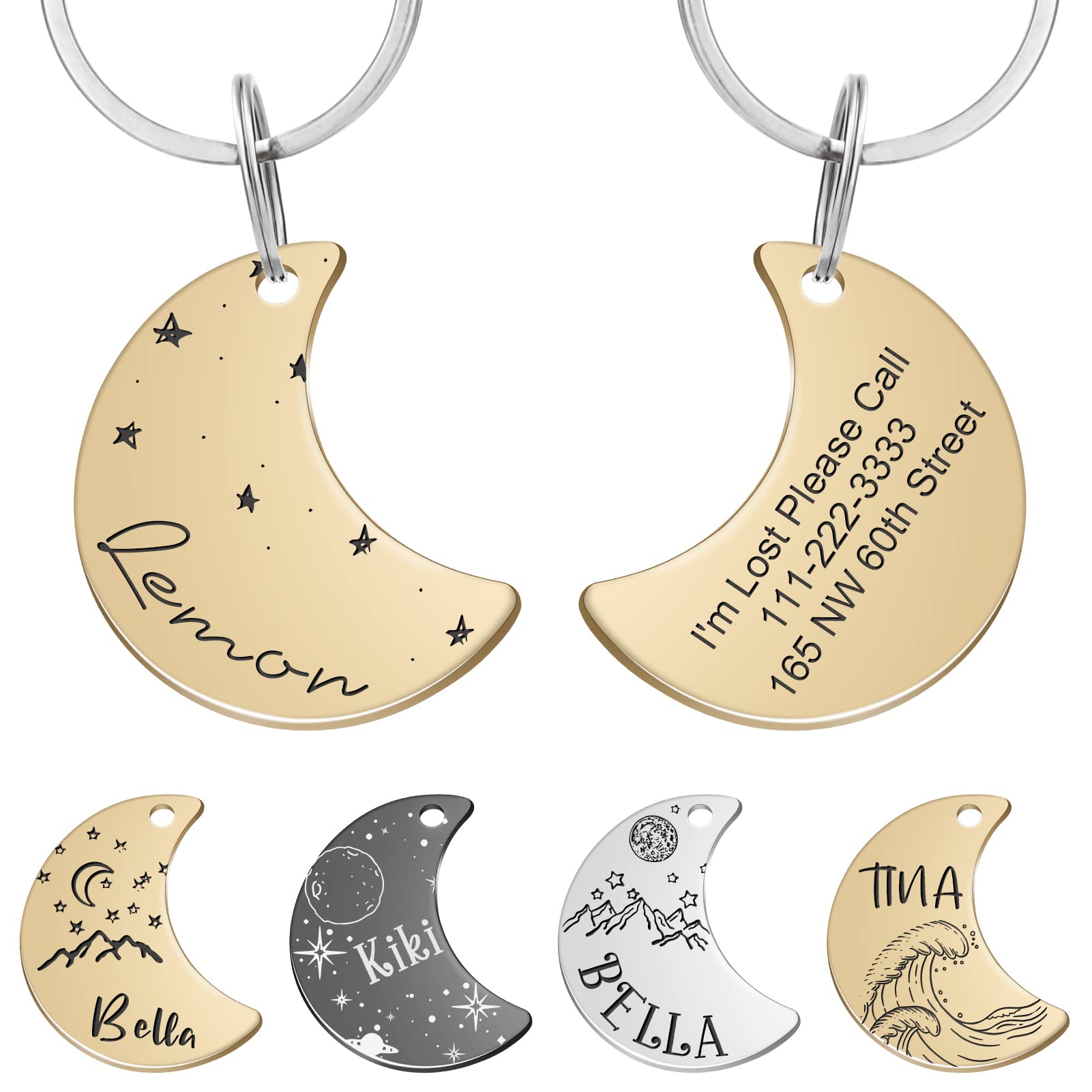 Personalized Pet Tags, Stainless Steel Moon ID Tags, Custom Engraved on Both Sides, Starry Sky Theme, Anti-Lost Name Tags for Cats and Dogs