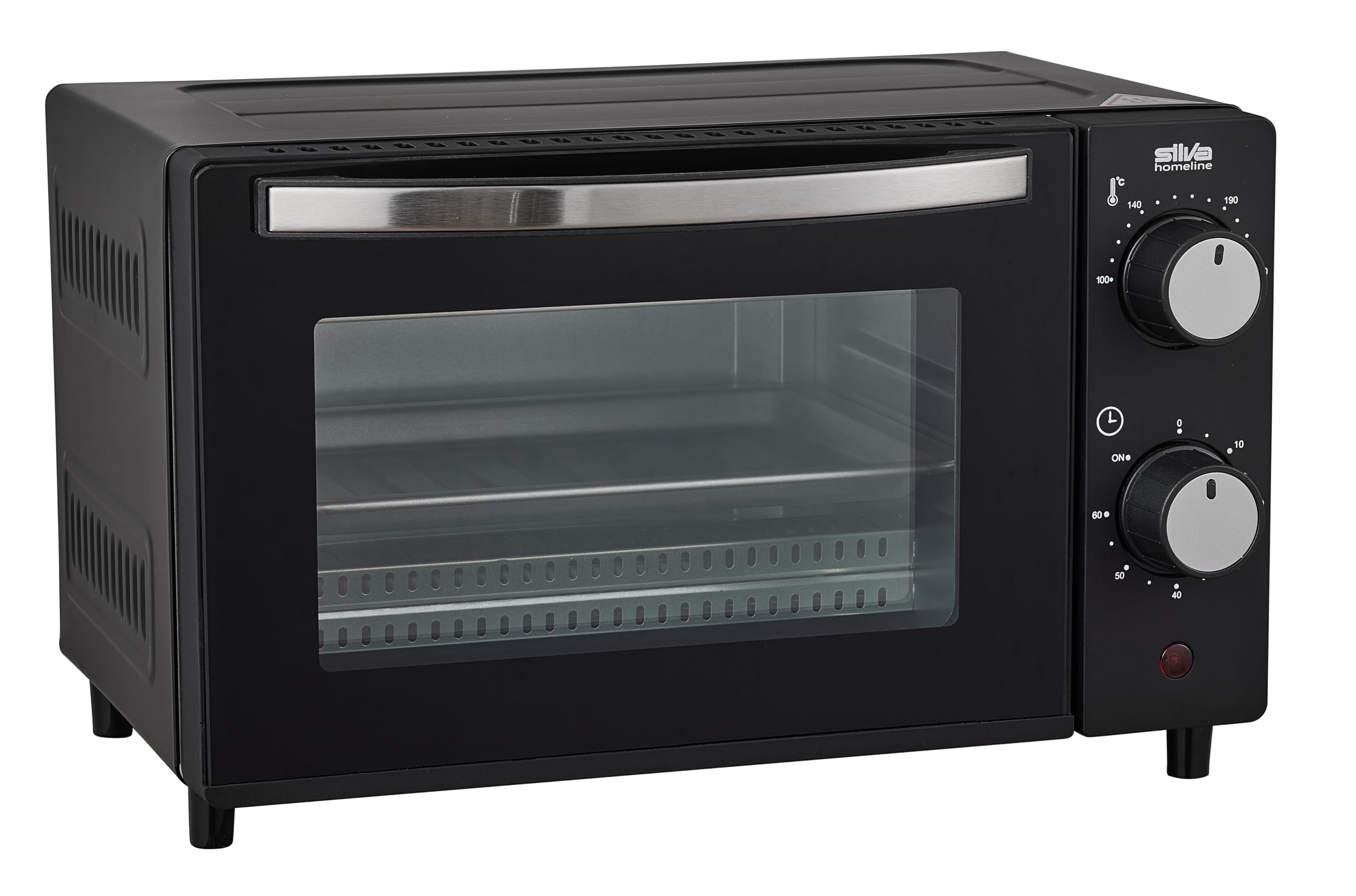 Silva Schneider Mini four MB 1000-10 l - Noir - 650 W - Réglage de la température de 100 à 230 °C - Minuteur avec signal de fin - Radiateur à quartz - Double porte en verre - Avec plat