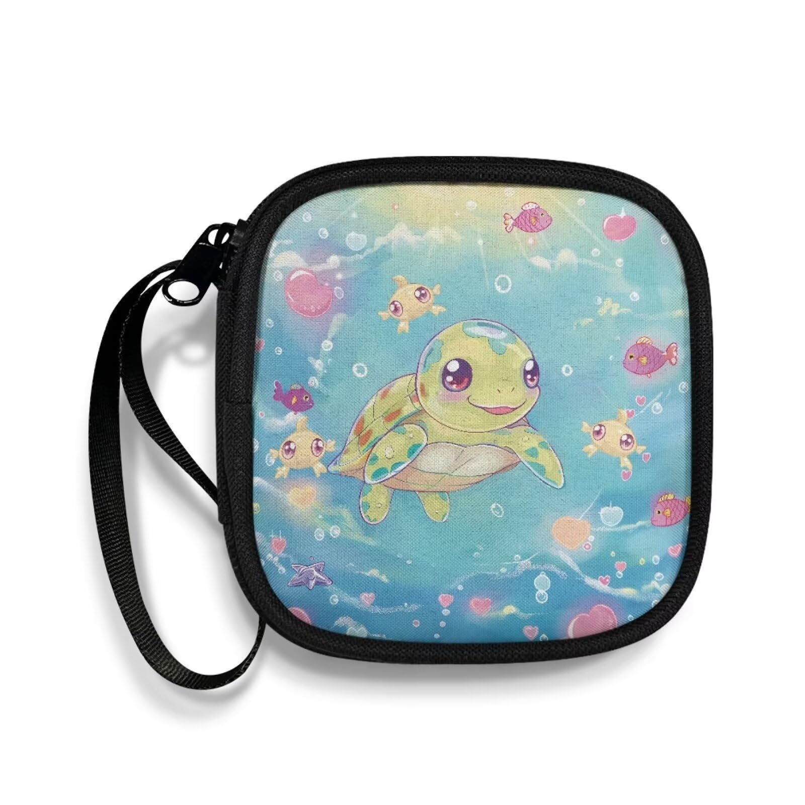 Puganiruo Square Earbud Case Carrying Case Storage Bag Sea Turtle Ocean Cell Phone Accessories Organizer with Handle for Earphone, Earbud, Earpieces,