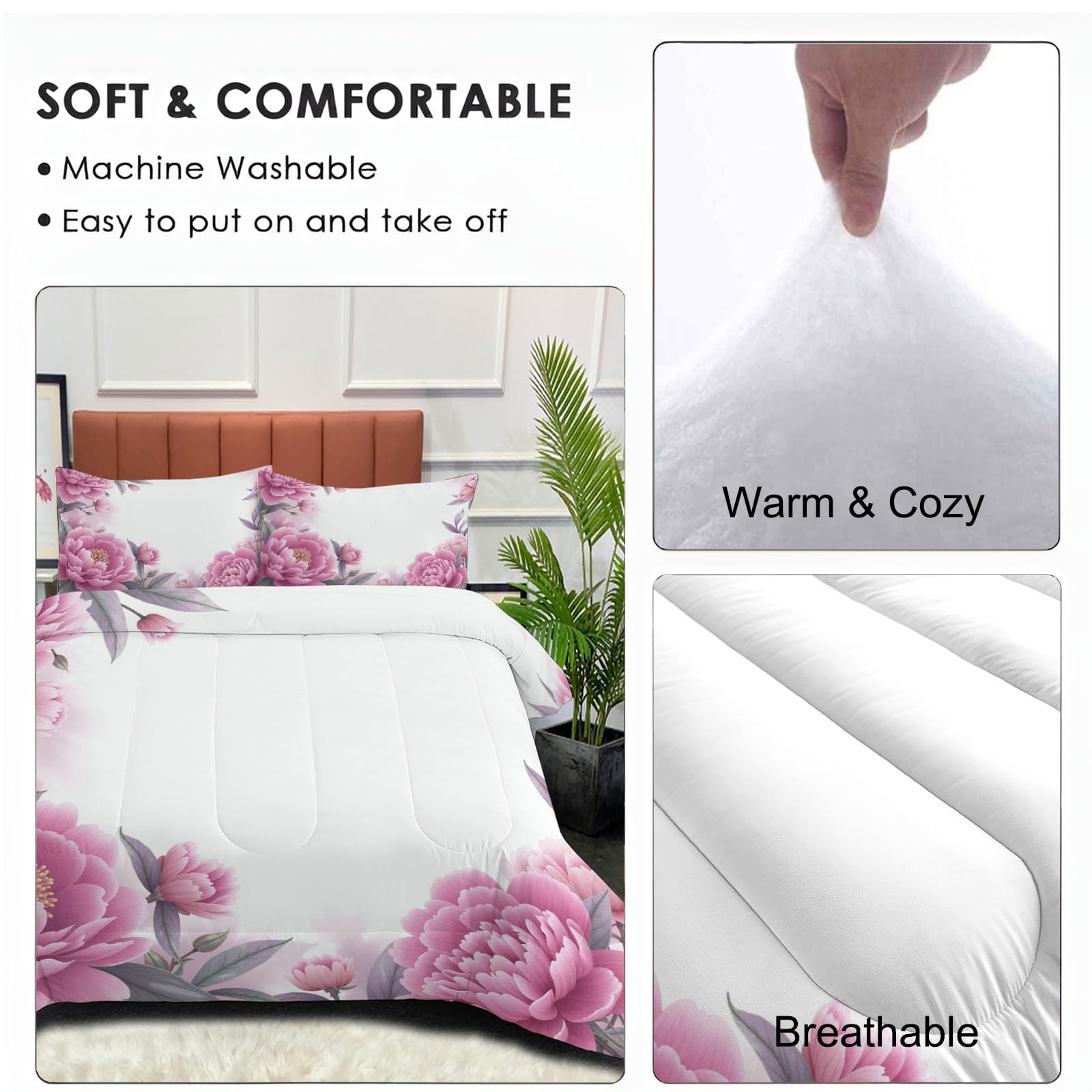 Couette Réversible Bordure De Pivoines pour lit 2 Personnes Couette sans Housse Fleurs À L'Aquarelle Ultra Douce Lavable en Machine avec Taies d'Oreiller pour Toutes Saisons, Violet, 260x230cm