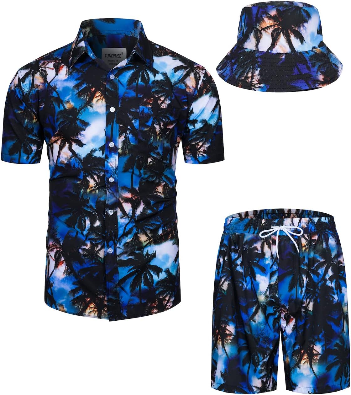 Mens Hawaiian Shirts and Shorts Set 2 Pieces Beach Outfits Flower Print Summer Tropical Suit with Bucket Hats