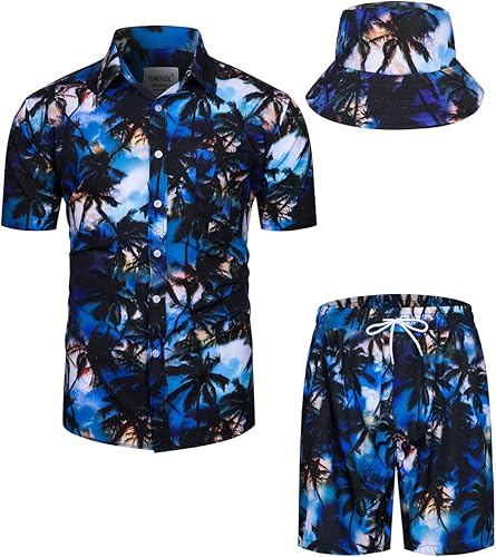 TUNEVUSE Conjunto de camisas y pantalones cortos hawaianos para hombre, 2 piezas, trajes de playa con estampado de flores, traje tropical de verano