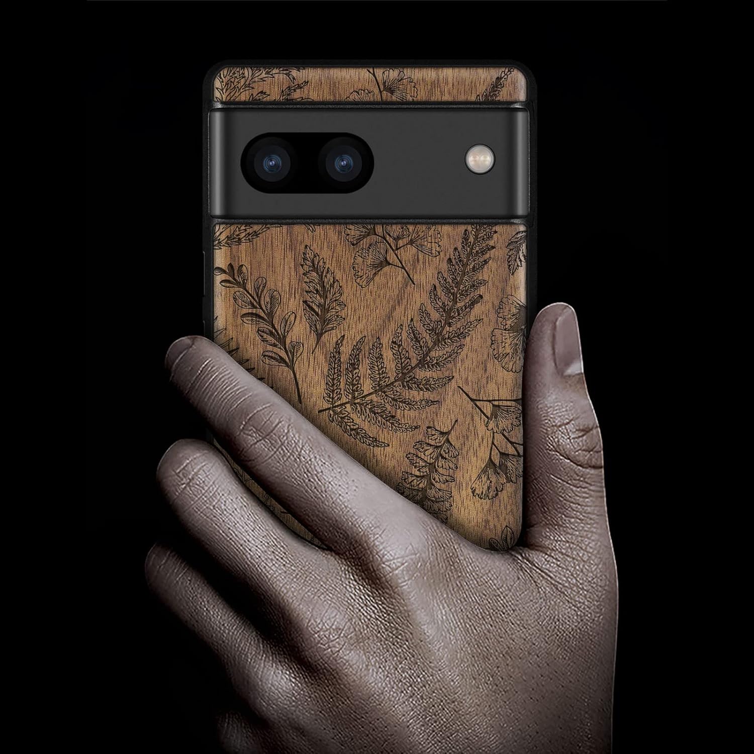 Carveit Wood Case for Pixel 7a Case [Natural Wood & Black Soft TPU] Shockproof Protective Unique & Classy Wooden Phone Cover Compatible with Google Pixel 7a (Fern Leaves & Herbs-Walnut)