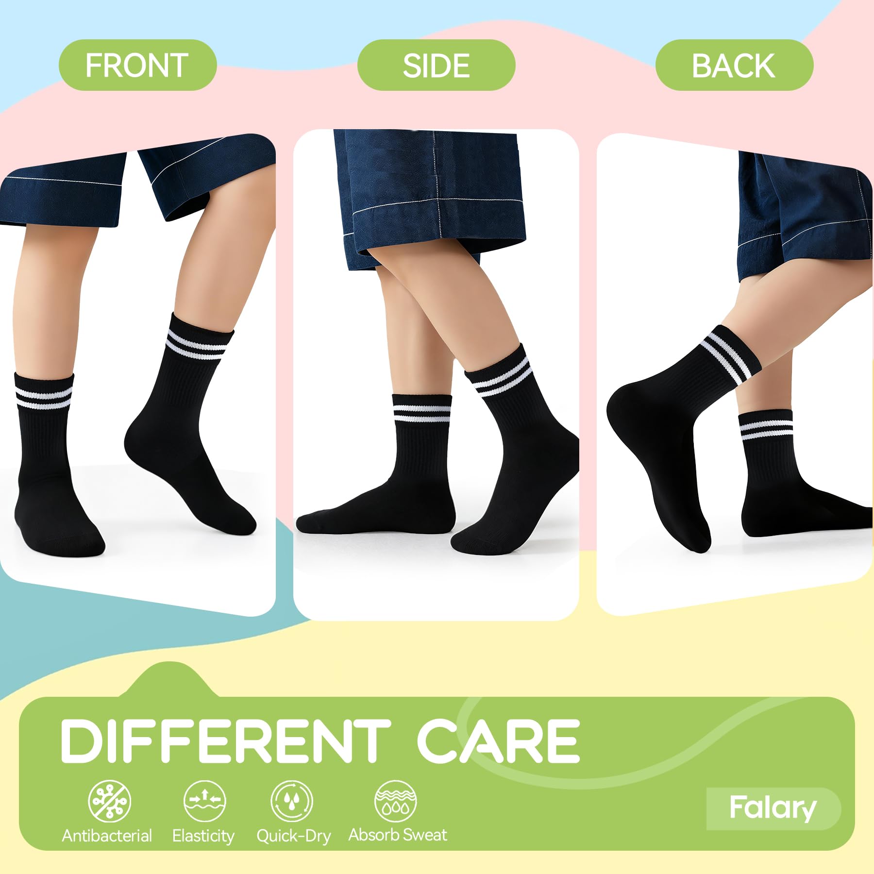 FALARY Bambú Calcetines Niño Niña Calcetines Deporte Tenis Correr 6 Pares | Negros Blancos Gris, Transpirable, Antimicrobiano, Sin Olores, Absorbe la Humedad, Cómodo, para Baloncesto Ciclismo Cotidiana