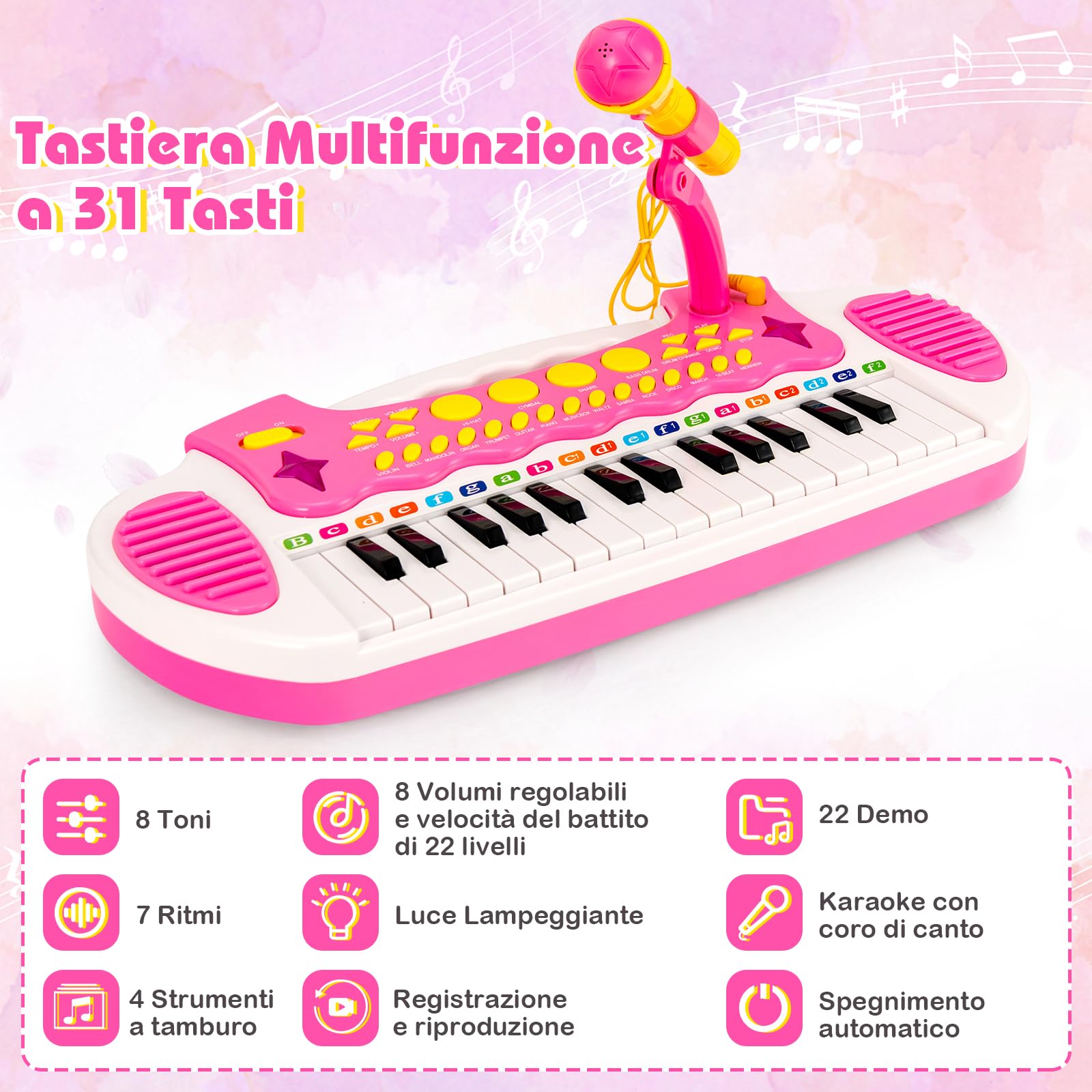 GYMAX Pianoforte Elettronico Giocattolo con Sgabello e Microfono, Tastiera da Pianoforte a 31 Tasti per Bambini, 22 Demo, 3+ anni, 45 x 23 x 45 cm (ROSA)