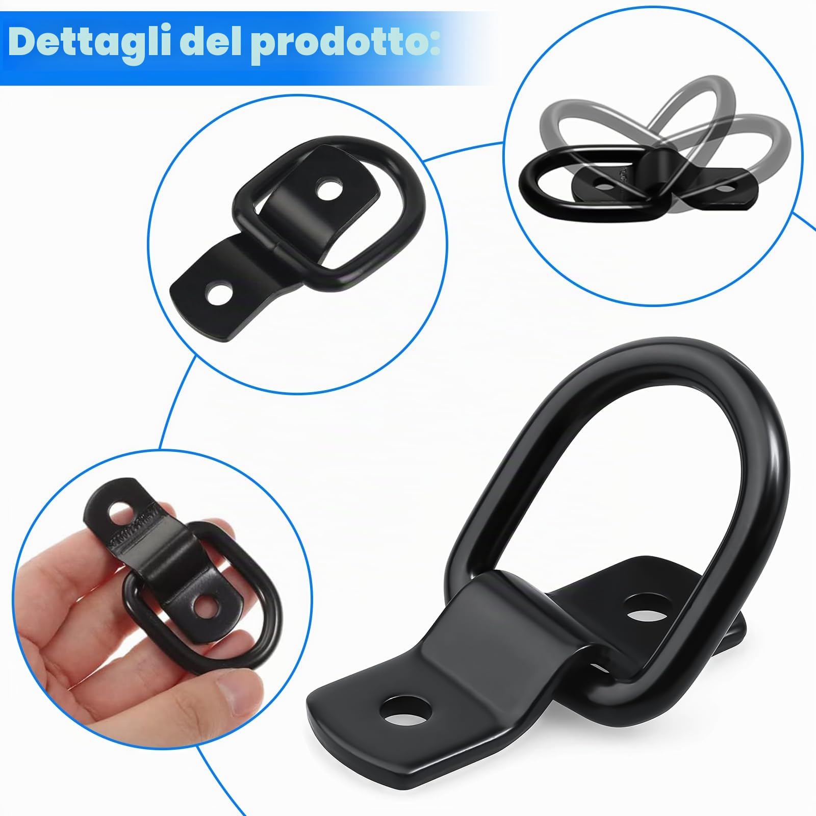 10 Pezzi D Anello di Ancoraggio, Ganci Ad Anello a D Carico 400 Chilogrammi, con 20 Viti per Fissare Carichi in Auto, Kayak, Rimorchi (Nero)