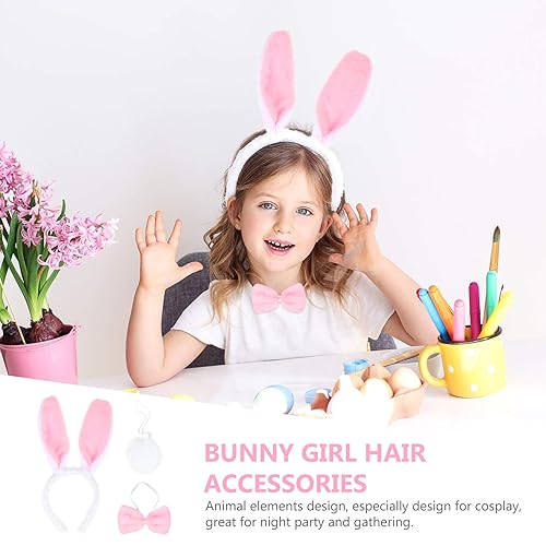 Miniatura 8 de Lurrose Juego de cosplay de orejas de conejo, diadema de felpa con orejas de conejo de Pascua con cola y corbatín, juego de diademas de orejas