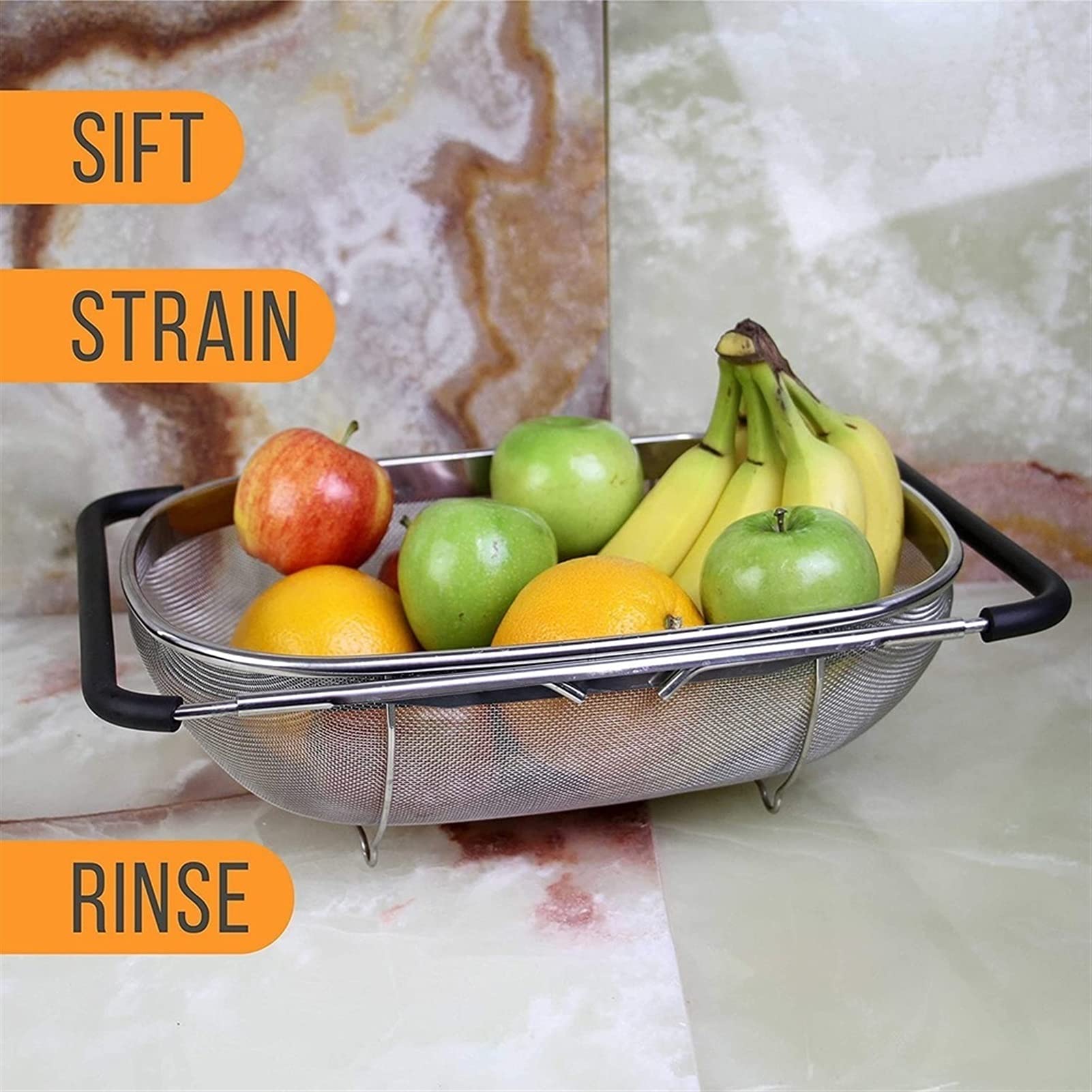 Colador Cesta de drenaje retráctil Casas de goma Manija de agarre de acero inoxidable Oval Colador Fregadero Hortalizaje Drenaje Rack Drenaje Lavado Fregadero Talleador Coladores de Alimentos