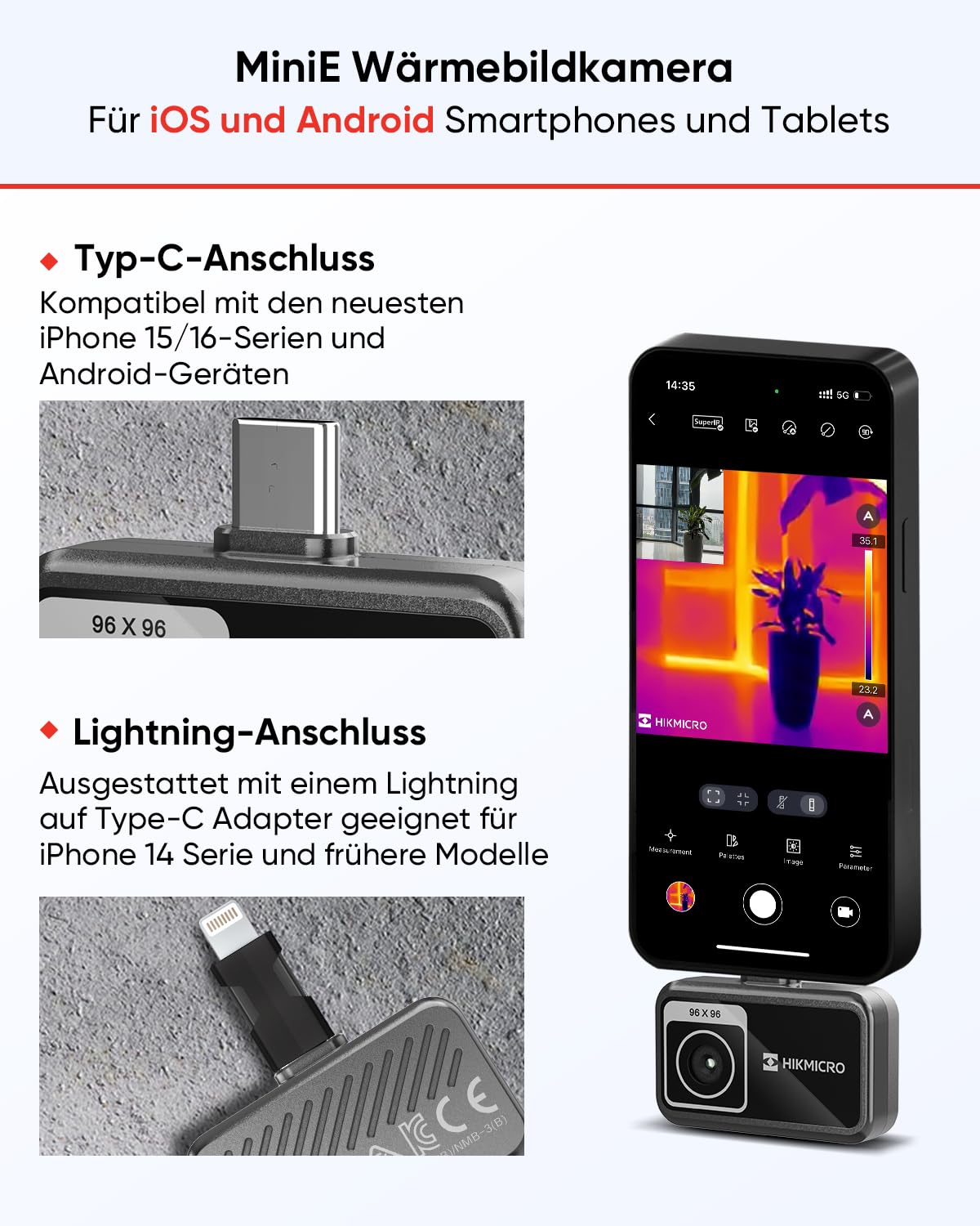 HIKMICRO Minie Wärmebildkamera - iOS/Android, 192×192 SuperIR Bildverbesserung, 25Hz, für Smartphone/Tablet, USB-C/Lightning(unterstützt iPhone 15/16/17)