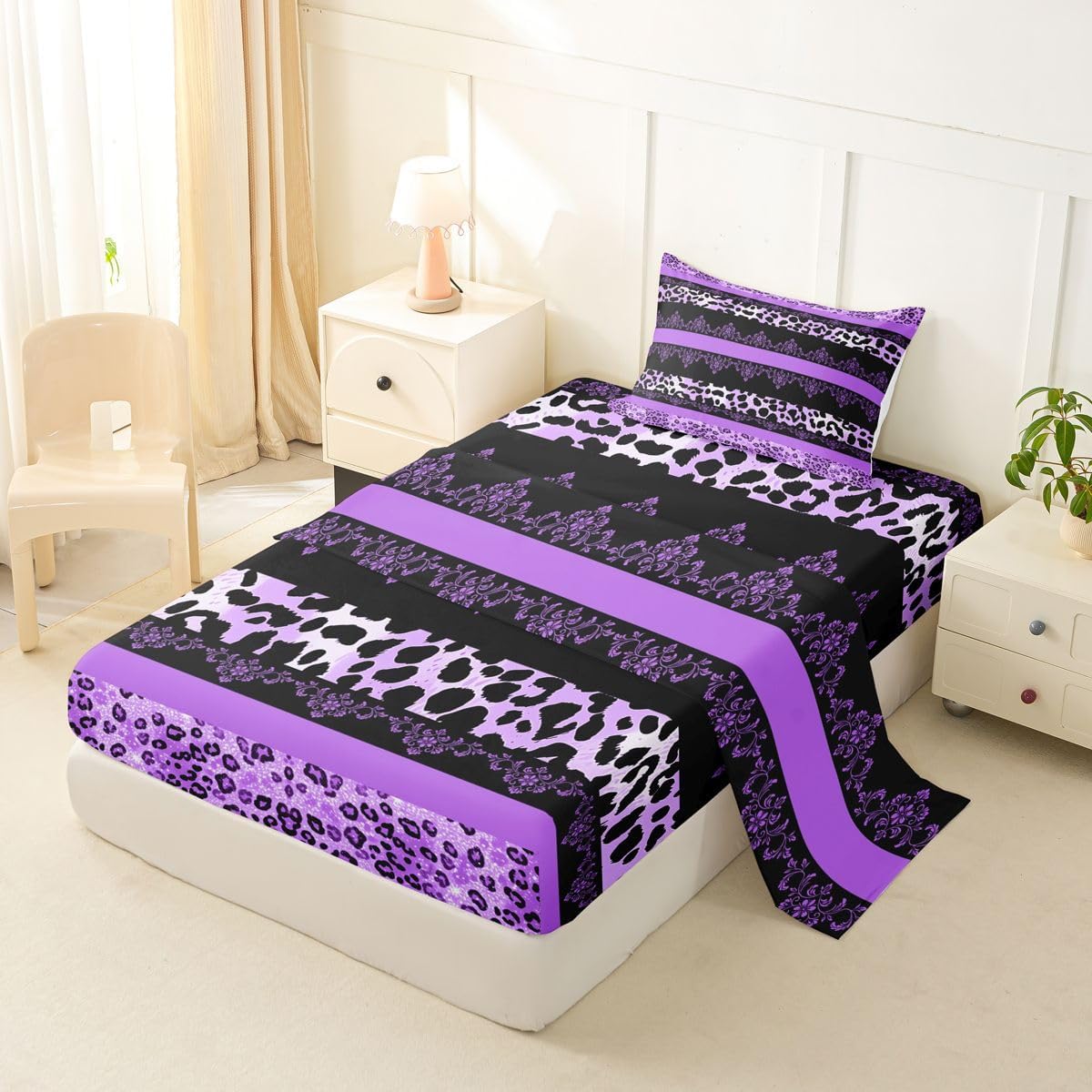 Erosebridal Purple Stripes Leopard Print Sheet Set Victorian Aesthetic Gothic Damask Twin Sheets Set for Toddler Boys,Baroque Vintage Floral Antique Cheetah Hide Fur Fitted Sheet