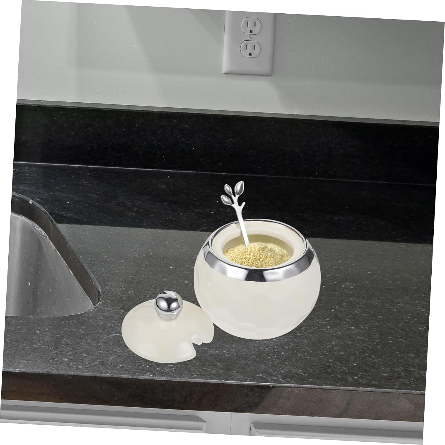 Zerodeko Porcelain Sugar Bowl with Airtight Lid and Spoon Ceramic Seasoning Jar for Kitchen Dustproof Candy Container with Milk White Silver Edge Multifunctional Home Storage