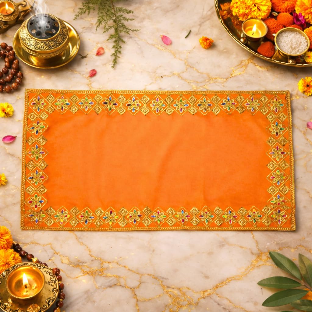 Designer Puja Altar Rectange for Mandir Home Chowki Temple Idol Placement | Velvet Pooja Aasan Cloth Mat | Festivals & Daily Rituals (18 * 32 inches, Yellow)-image-6