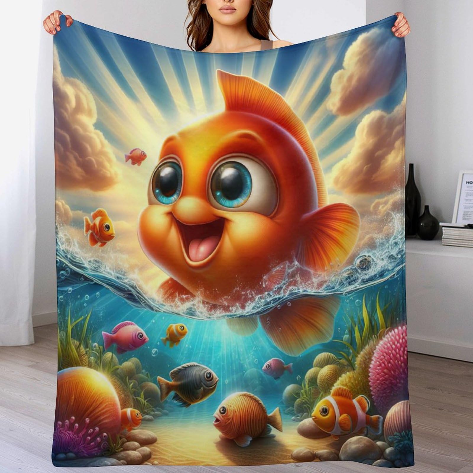 Couverture duveteuse motif poisson 130x180cm plaid lit et canapé