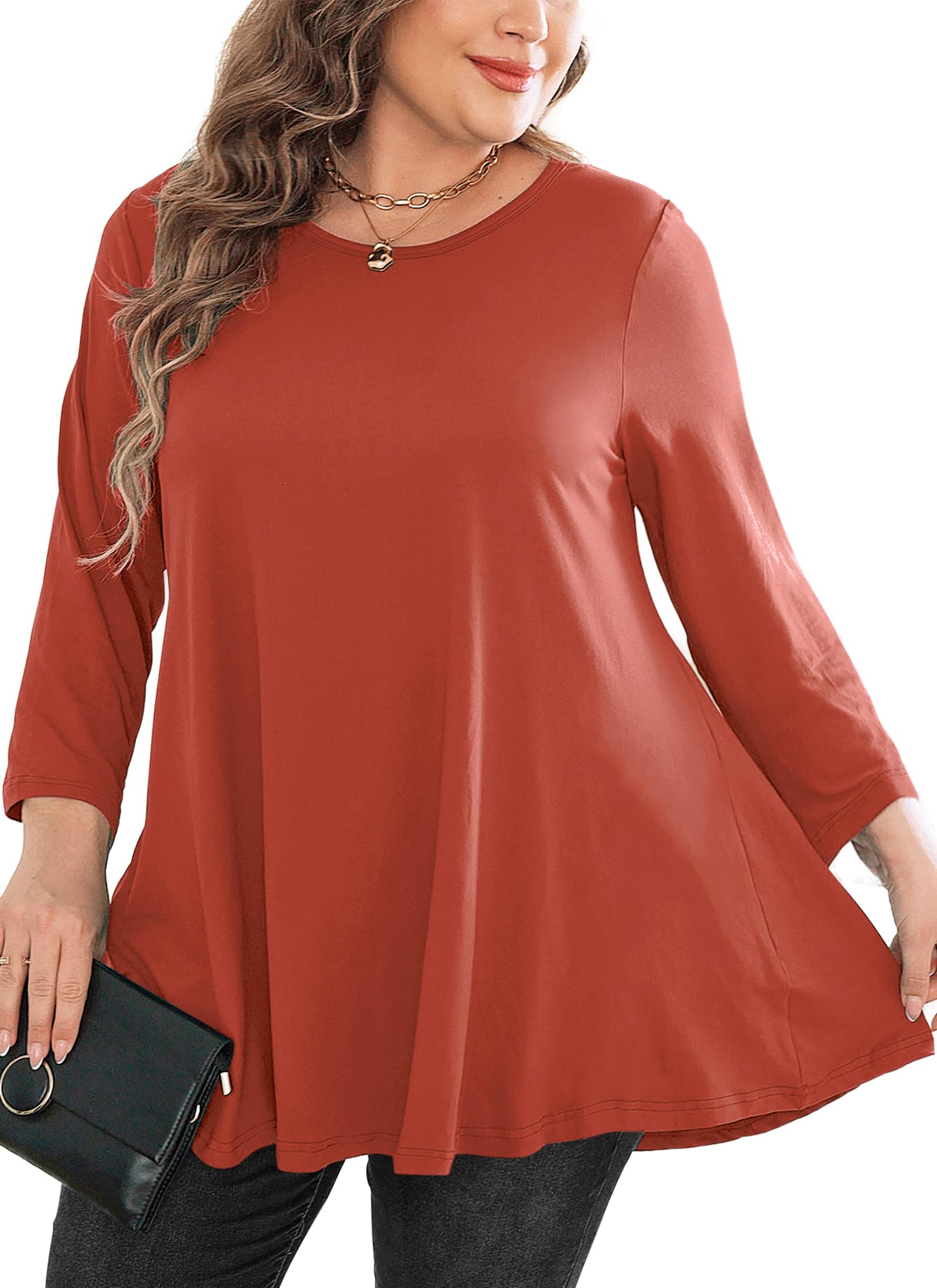 splensive Womens Tunic Tops 3/4 Sleeve Plus Size Crew Neck Swing Flare Loose Fit T-Shirt Blouses to Wear with Leggings