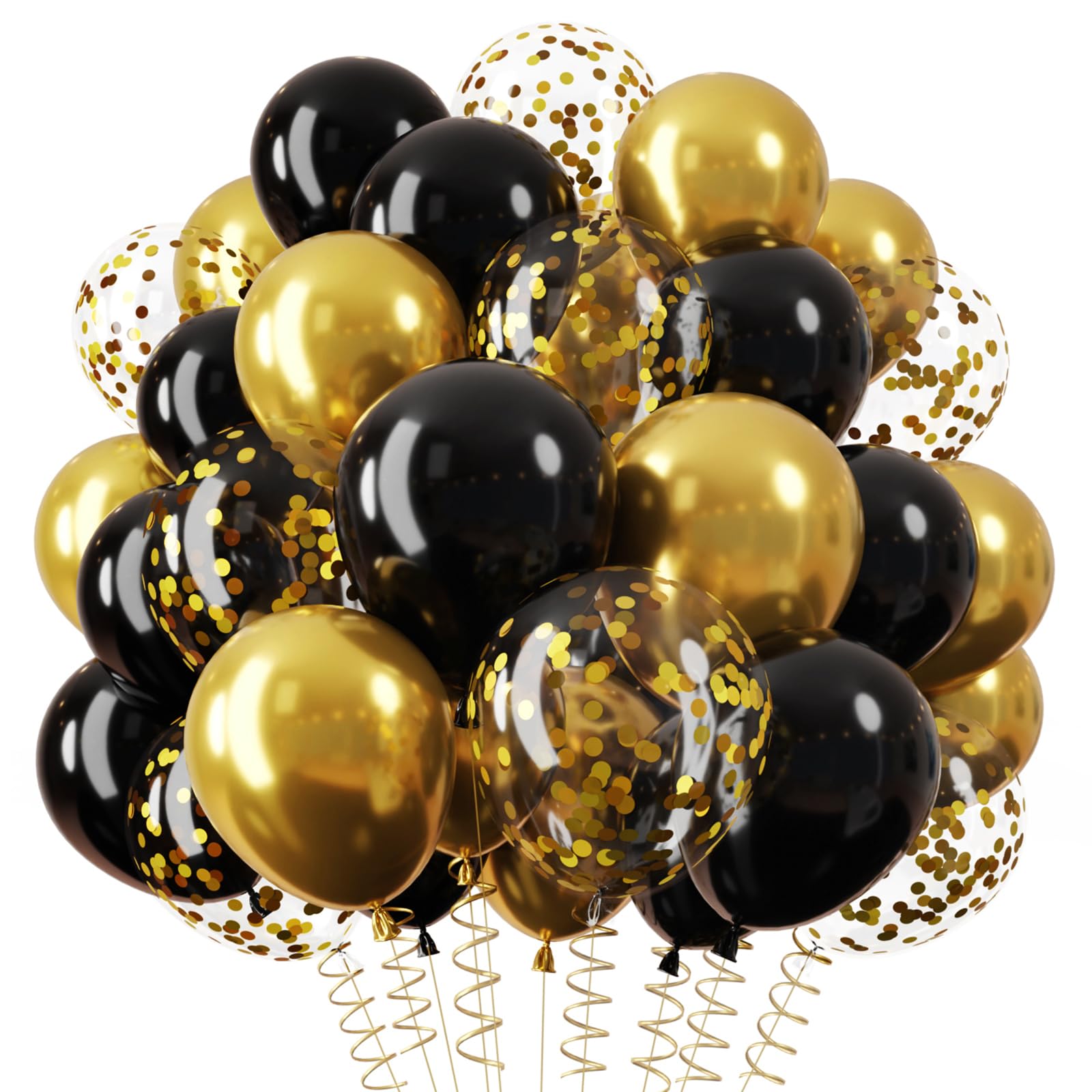 QIFU Black and Gold Balloons, 12inch Gold and Black Balloons with Metallic Gold Confetti Balloon Latex Birthday Balloon for Men Boy Birthday Graduation Prom Decoration 2026 Hajj Mubarak Decoration