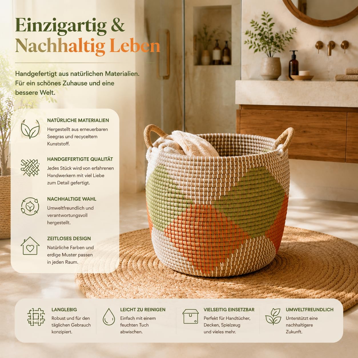 Seegras Korb 3er Set, Handgeflochtene Aufbewahrungskörbe aus Naturmaterial, Körbe für Bad, Wohnzimmer, Kinderzimmer