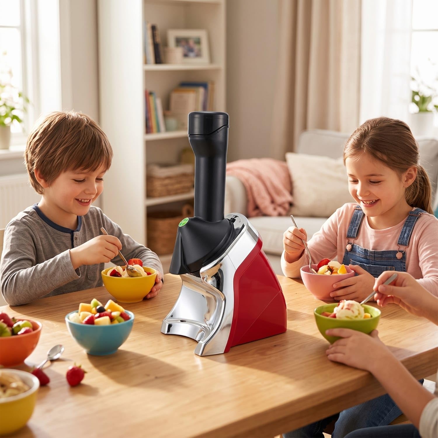 Electric Fruit Ice Cream Maker Homemade Chilled Dessert Maker Healthy Machine with Chute Countertop for Families, Kids, Kitchen, Home, Red, Eu 220V-image-25