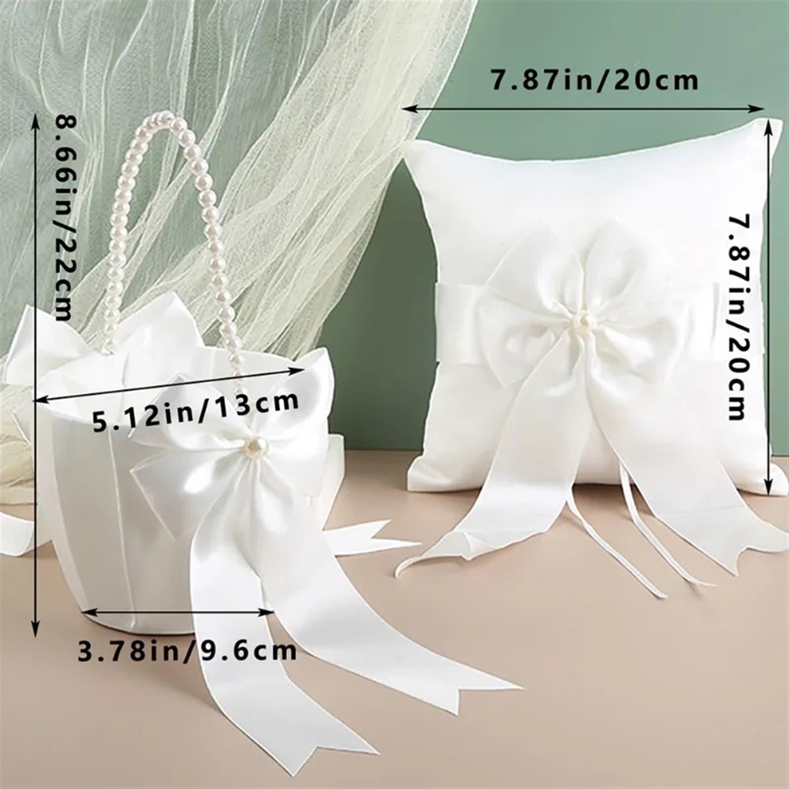 Ringkissen und Blumenkorb-Set for die Hochzeit, weißes Satin-Eheringkissen mit Perlengriff Blumenkörben für die Hochzeitszeremonie(Ring Pillow Set)