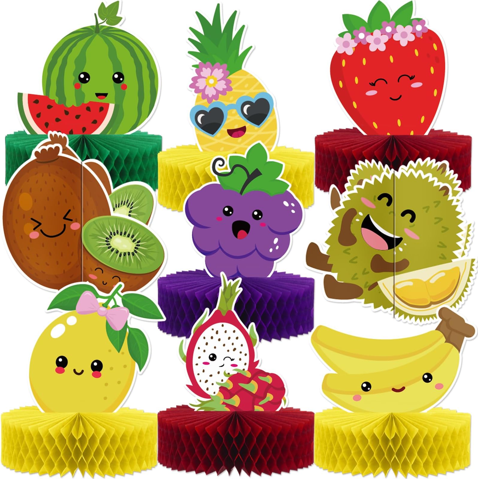 Gersoniel 9 Pcs Fruit Party Honeycomb Centerpieces Decorations Tropical Hawaiian Table Toppers Decor Dancing Fruit for 1st Birthday Summer Luau Baby Shower Frutti Theme Party Supplies