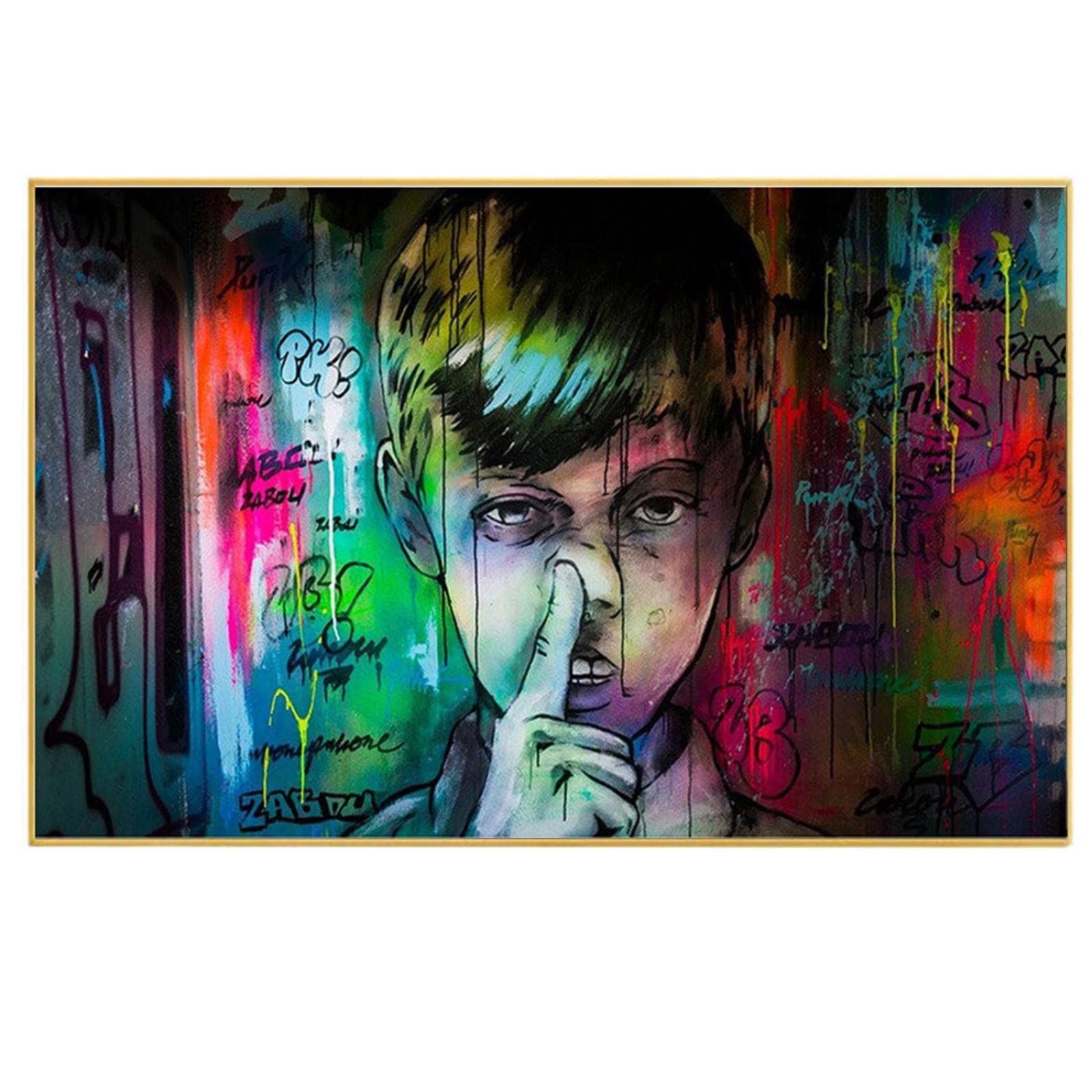 Banksy Canvas Wall Art Boy Pop Art Large Size Picture Prints Graffiti Canvas Picture Modern Stretched Framed for Living Room Wall Decoration Walls Ready to Hang Gold frame (80x120cm) 32×47 inch