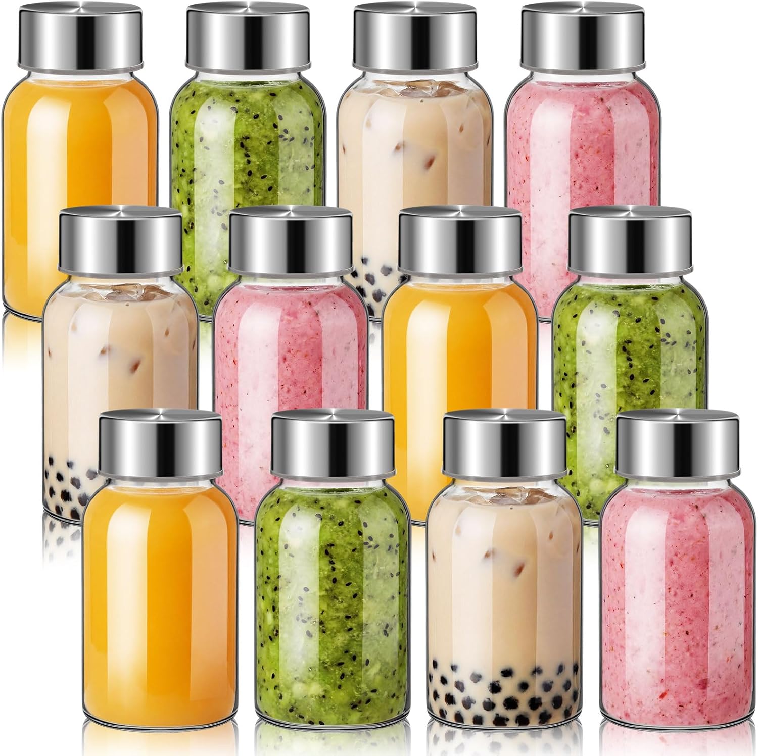 Zhehao 12 Pcs 5 oz Glass Juice Bottles with Lids Leak Proof Wellness Shot Glass Bottle Small Reusable Ginger Storage Container with Stainless Steel Cap for Juicing Milk Milkshake Smoothies Water