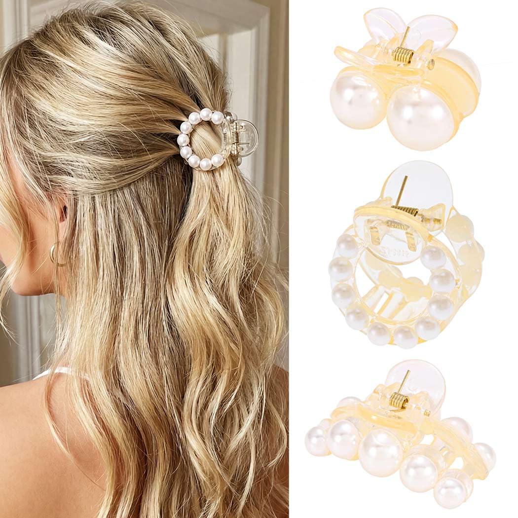 CAKURE Perlen-Haarspangen, kleine Klauenklammern für dünne Haar-Accessoires für Frauen (Weiß, Set 2)