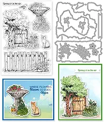 INFUNLY 2 peças de carimbos e matrizes de flores de primavera para fazer cartões, cerca de jardim, fonte transparente, folhas de borboleta, conjunto de carimbos de gato e matrizes para álbum de