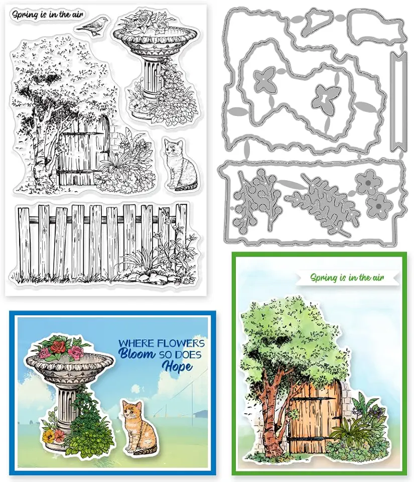 INFUNLY 2 peças de carimbos e matrizes de flores de primavera para fazer cartões, cerca de jardim, fonte transparente, folhas de borboleta, conjunto de carimbos de gato e matrizes para álbum de