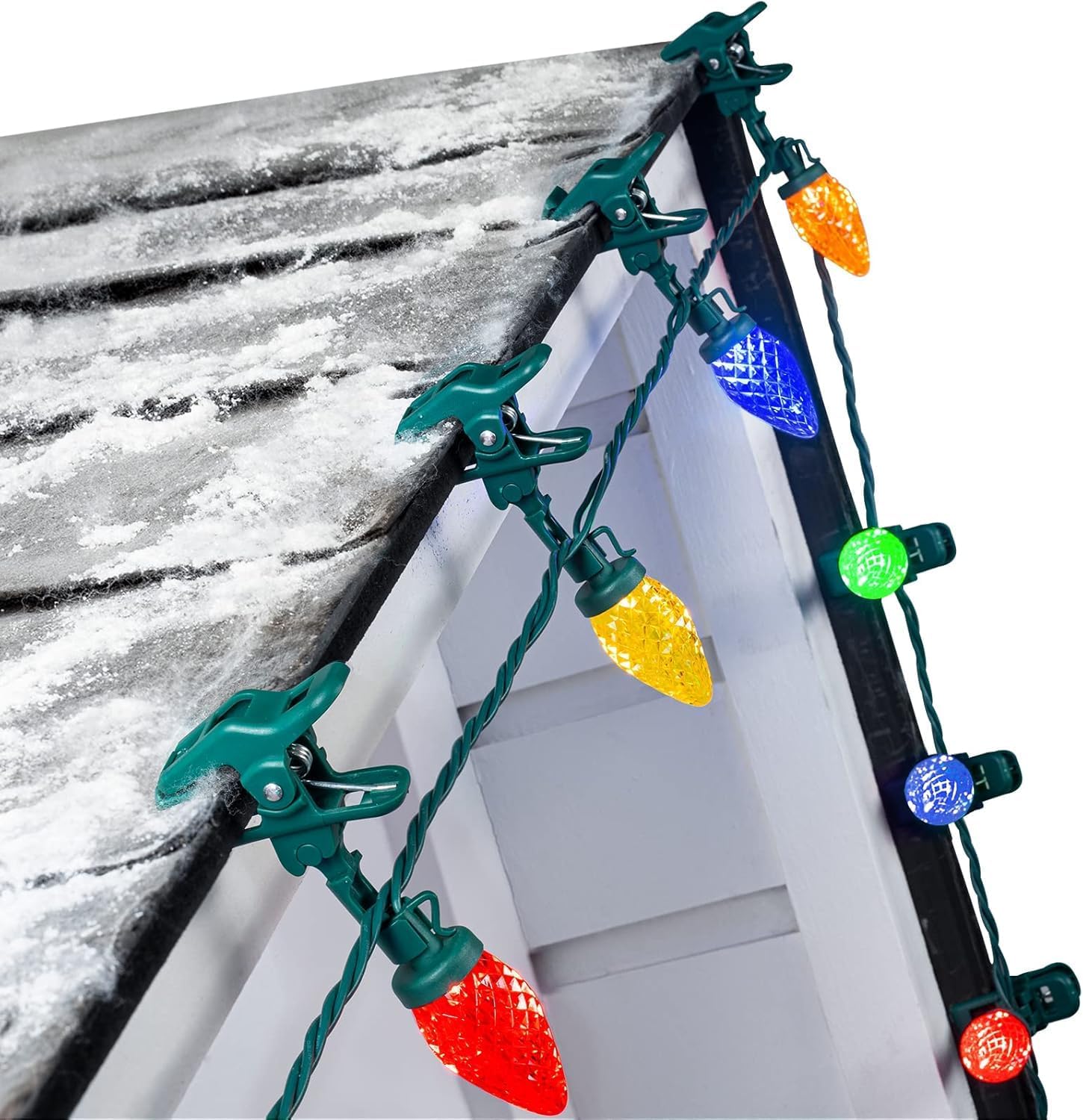 C9 LED Christmas Lights Outdoor with 100 Spring Clips, 65FT 100 LED C9 String Lights Waterproof Connectable for Outside Roofline Patio House Yard Windows Outdoor Christmas Decorations, Multicolor