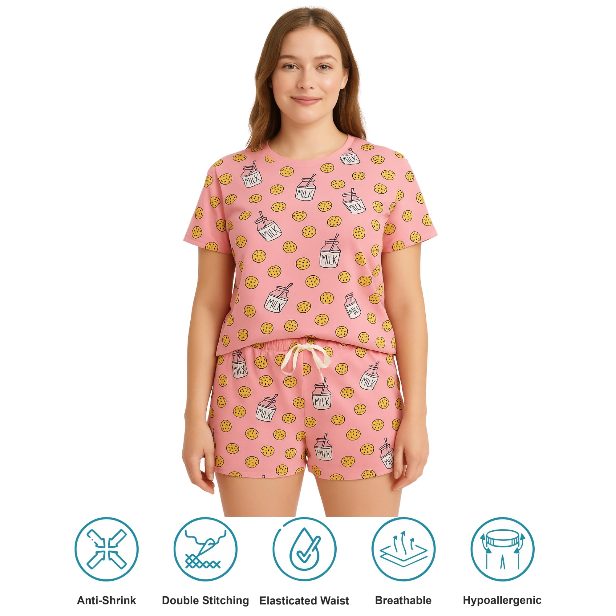 Hestia Cotton Night Suit for Women | Sleep Wear | Night Wear Dress Set with Shorts and Top/T-Shirt | Breathable Fabric | Shrink Free Material | Cookies Printed | Pink | Small | Set of 1 - Image 2 thumbnail