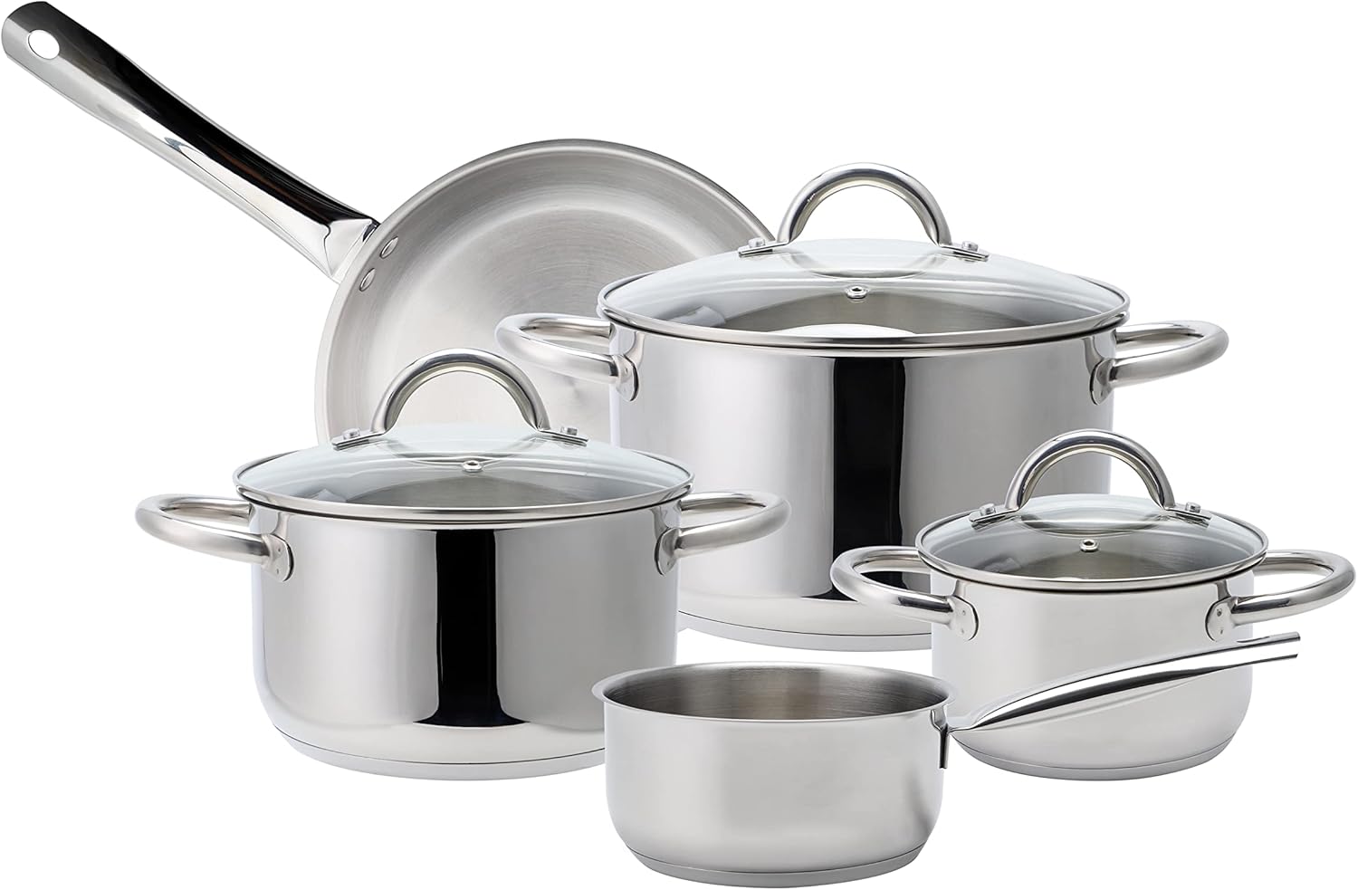 EW-TS-8010 Induction Cookware Set Made of High-Quality Stainless Steel, 8-Piece Cookware, Pots with Glass Lid, 3 x Saucepans, Saucepan, Frying Pan, for All Types of Cookers, Silver Edition